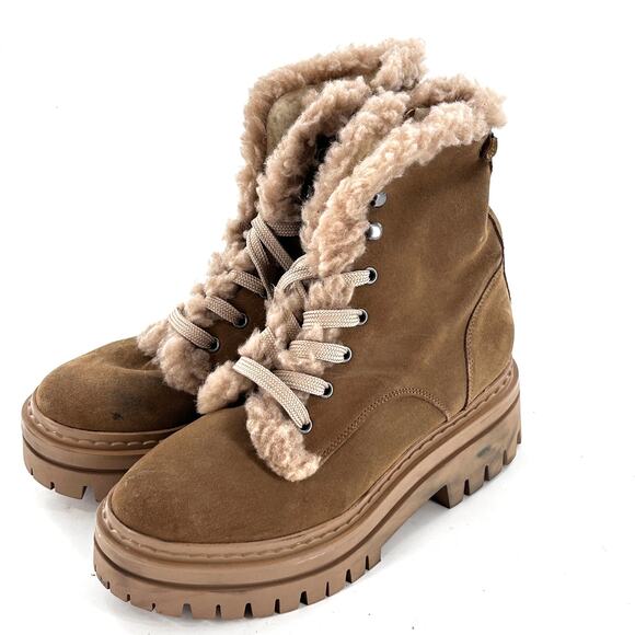 Sam Edelman Kyler 2 Lace Up Combat Boots 9.5 NWOT Tan Suede Fur Ankle Bootie Lug - Picture 4 of 11